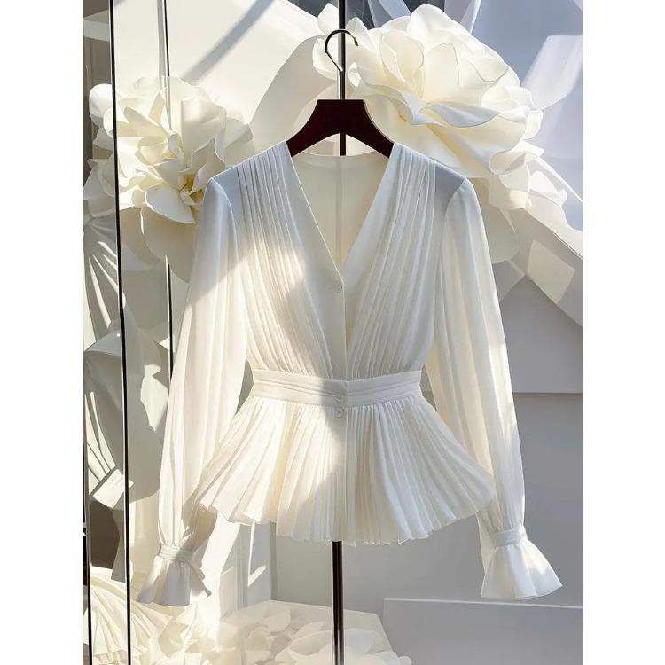 Молодежная элегантная плиссированная белая рубашка с длинным рукавом на пуговицах для женщин с V-образным вырезом и оборками, базовая блузка из шифона для офиса и повседневной носки