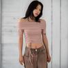 New Arrivals Open Run Women Off Shoulder AsymmeTric Slim FiT Ribbed T shirT Side