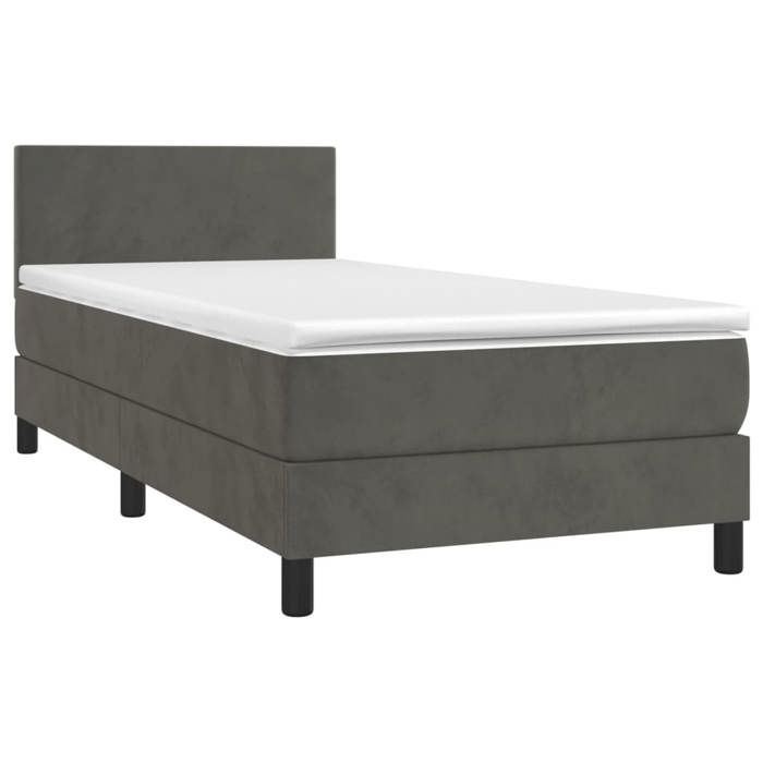 Sommier tapissier avec matelas - 90x190cm - Tête de lit réglable - Bande LED colorée - Velours gris foncé
