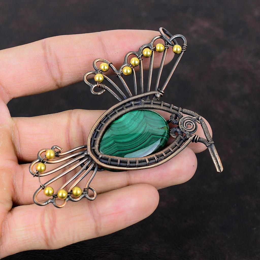 Малахитовый кулон, медная проволока, кулон, ювелирные изделия из натурального драгоценного камня, кулон ручной работы, медная проволока, ювелирные изделия, подвеска в виде птицы, подарок для женщин