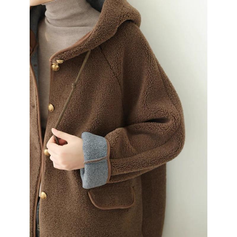 Женские свободные куртки с капюшоном из овечьей шерсти, повседневные однобортные толстые пальто, зимнее теплое пальто с длинным рукавом из гранулированного бархата