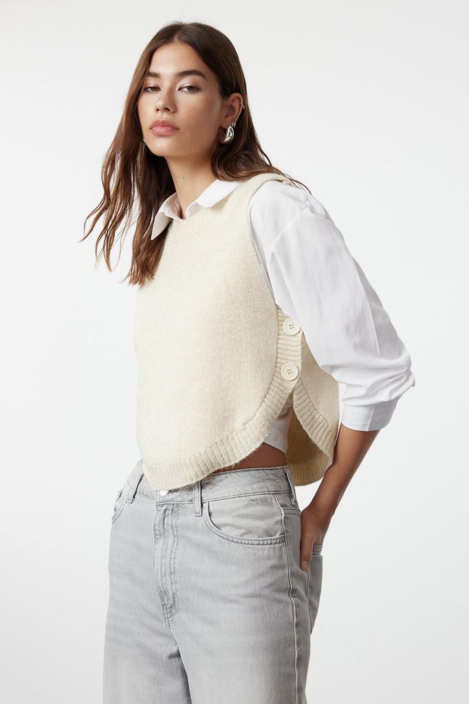 Women's Elegance Style Sweater Stone Soft Textured Crop Buttoned Knitwear Sweater