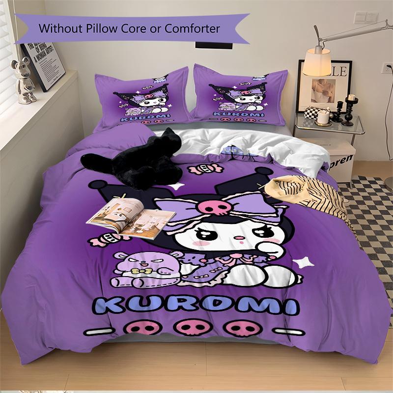 3 шт. Набор постельного белья с принтом Kuromi Sanrio 'Удача' (1 Пододеяльник + 2 Наволочки, Без Наполнителей), Мягкий и удобный W058