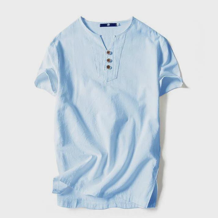 Men's Solid Color V-Neck Cotton Linen Short Sleeve T-Shirt with Buttons