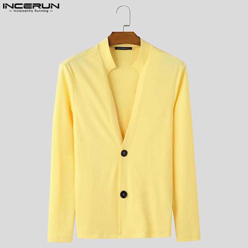 INCERUN Men Deep V Neck Long Sleeve Rib Solid Color Buttons T-shirts Tops
