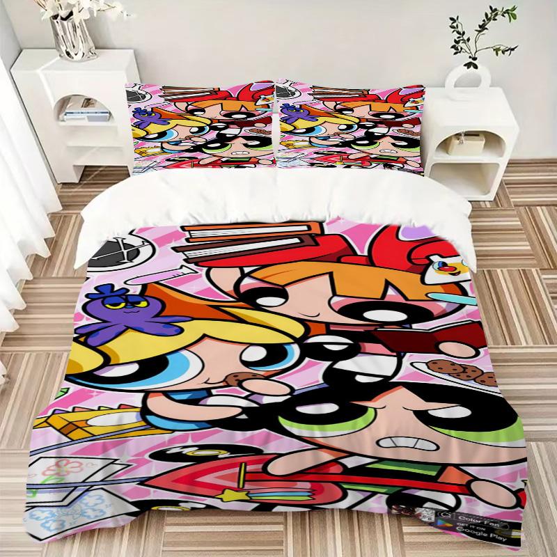 Powerpuff Girls Adventure Print 3Pcs Bedding Setduvet Cover With 2 Bedropillowcase Home Birthday Gift