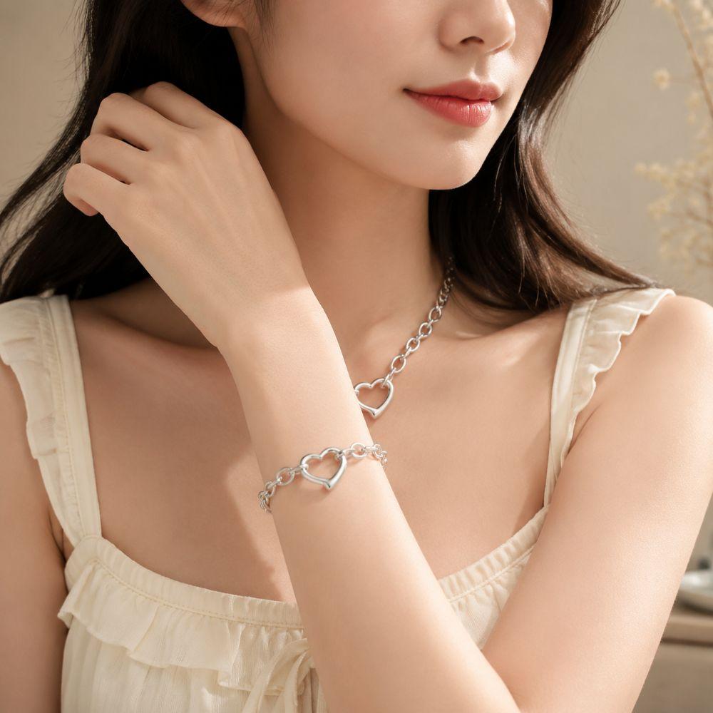 Polished Metal Heart Necklace Stainless Steel Chain Bangle Heart Bracelet Anniversary Gift