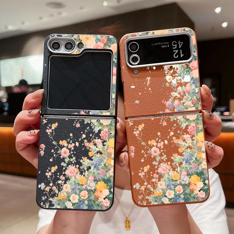 Garden Flower Case For Samsung Galaxy Z Flip 6 5 4 3 Capa Leather Texture Silicone Folding Cover For Samsung Z Flip6 Flip5 Flip4