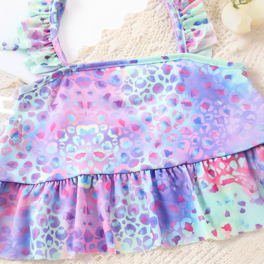 Купальники для девочек с оборками по подолу, симпатичные, красочные, с леопардовым принтом, купальники из 2 частей, для детей от 4 до 10 лет, гавайский комплект бикини