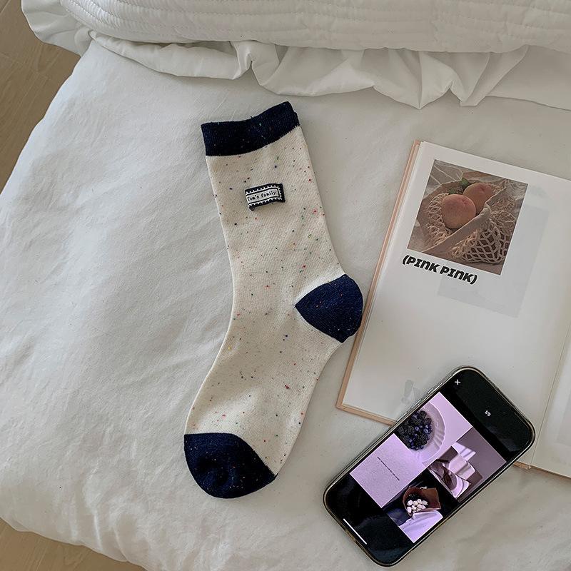 Женские весенне-осенние милые носки-трубы из пряжи с полосками, кружевом и тканой этикеткой с буквой, бесшовные, махровые