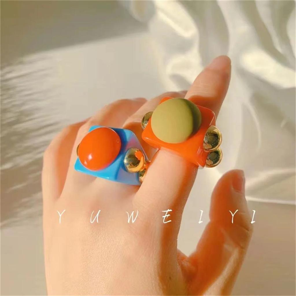 Exaggerated Resin Ring For Woman Acrylic Metal Strips Are Red And Green Square Resin Color Ring Punk Jewelry Accessories Rings