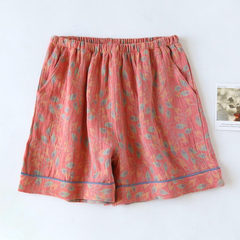 Летние женские шорты 100% хлопок винтажная пряжа ткачество напечатанная пижама тонкие свободные карманы шорты домашние брюки