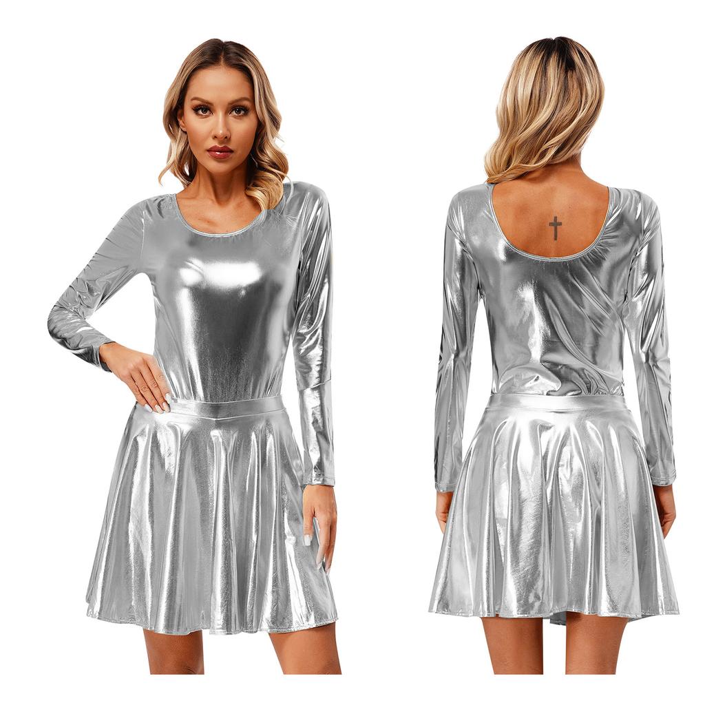 Женский гимнастический купальник с блестящим металлическим оттенком и плиссированные юбки, спортивная танцевальная одежда