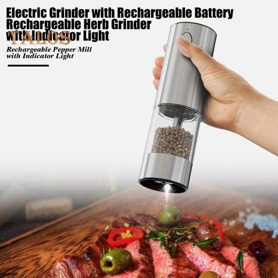 Electric Electric Salt And Pepper Grinder Rechargeable USB One-Touch Automatic Grinding Tools Adjustable Thickness LED Light Herb Crusher for