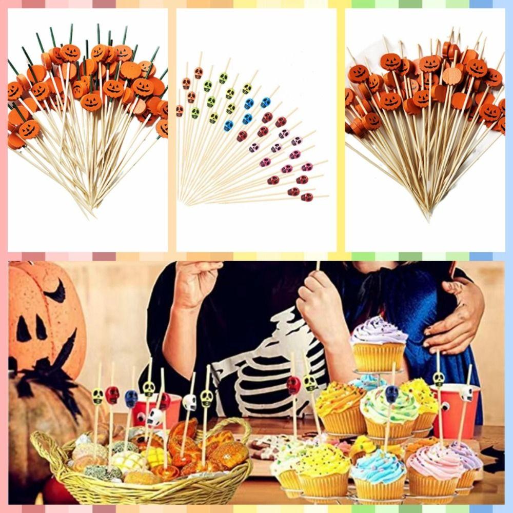 100pcs Natural Material Halloween Pumpkin Bamboo Skewers Cocktail Sticks Thanksgiving
