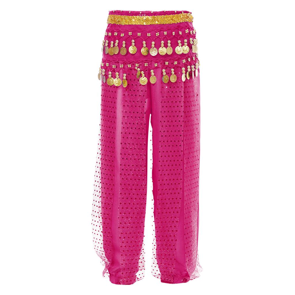 Girls Elegant Belly Dance Pants Sequin Embellished Chiffon Fabric Elastic Waist Beaded Tassels Performance Wear