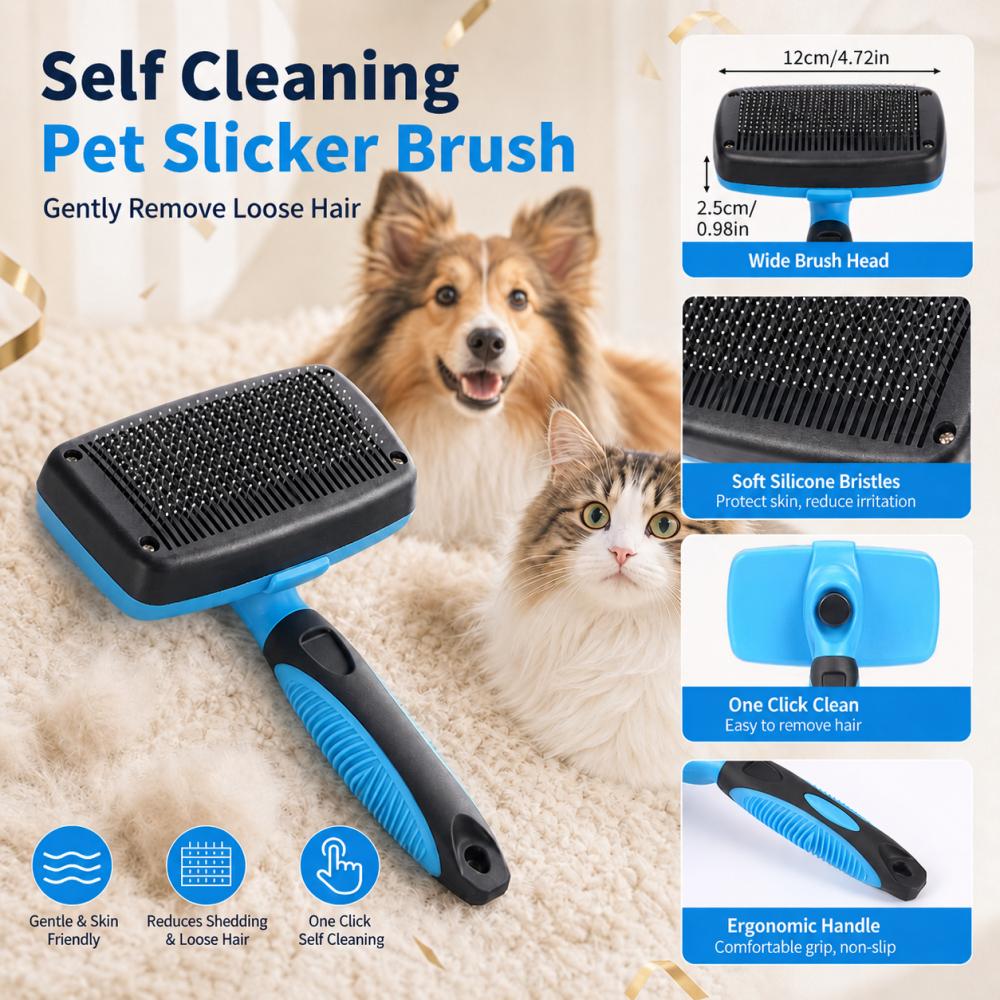 Self cleaning Pet Slicker Brush Plastic12cmWide One Button Hair Release for Dog Cat Shedding Floating Fur Home Grooming Supplies
