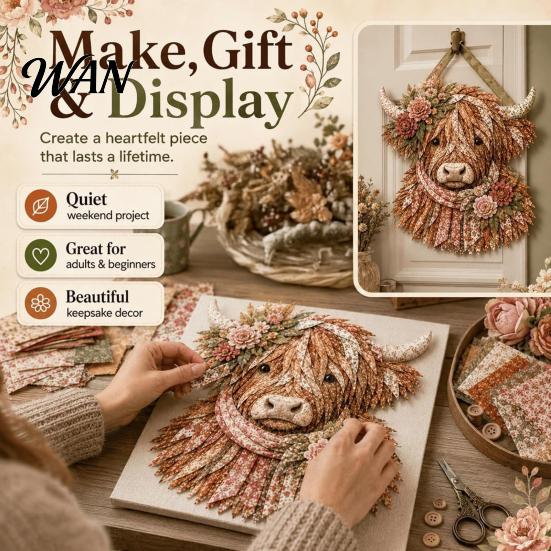 Highland Cow Sewing Kit 3D Layered Fabric Art DIY for Adults, Beginner-Friendly Decorative Animal Portrait Diy Quilt Craft Set, Handmade Farmhouse