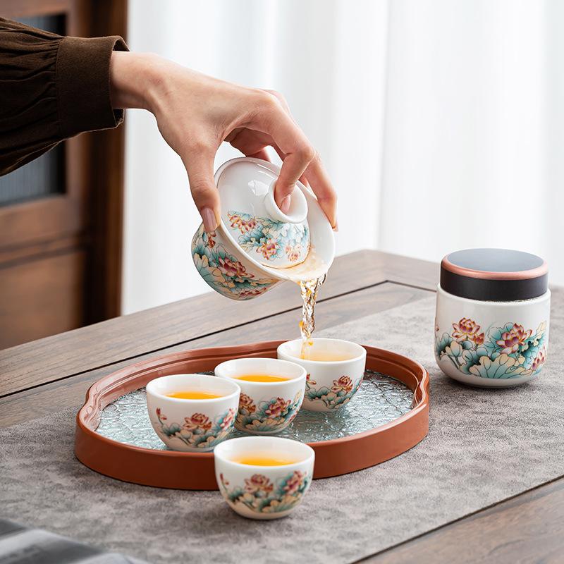 High-end white porcelain set Chinese national tide style red lotus Dehua suet jade bubble teapot high-end creative gift box