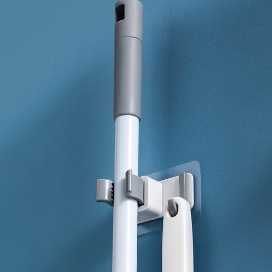 Mop Holder Space-Saving Self-adhesive Broom Stand Wall-Mounted Mop Clip with Hook for Bathroom Kitchen