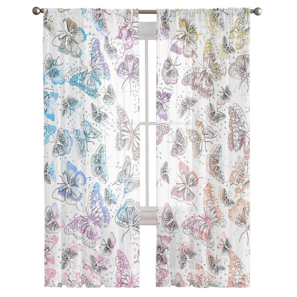 Spring Butterfly Hand-painted Watercolor Sheer Curtains Elegant Voile Tulle for Bedroom Window Holiday Decoration