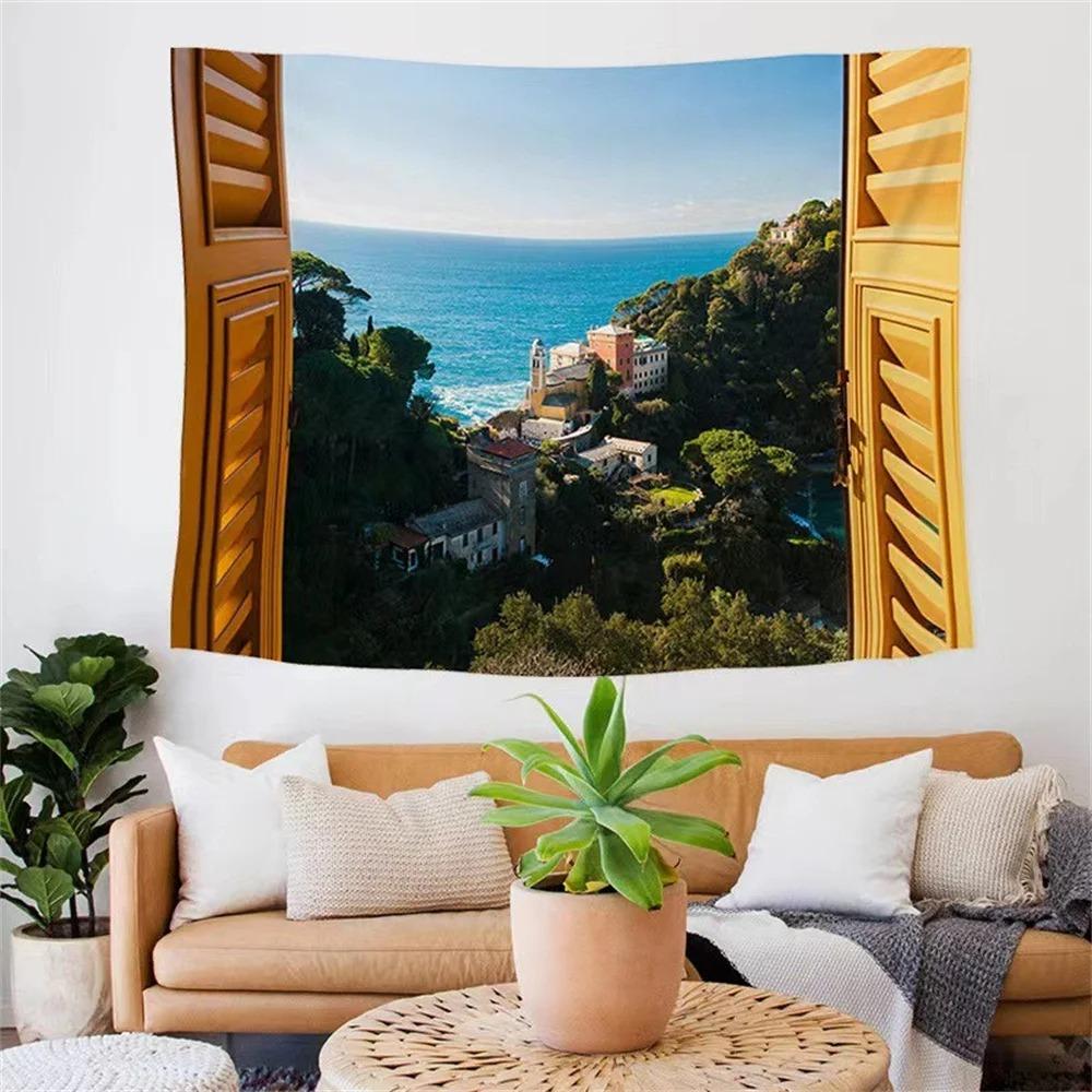 Fashion Home Decoration Tapestry Window Landscape Natural Ocean Pattern Bedroom Living Room Tapestry