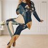 Women Plus Size Round Neck Long Sleeve Printed Blue Beige Longline Top Fitted Pants Two Piece Set