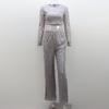 2Pcs/Set Women Party Outfit Set Cropped Tops O-neck Long Sleeve Tassel Sequin High Waist Wide Leg Long Pants Set