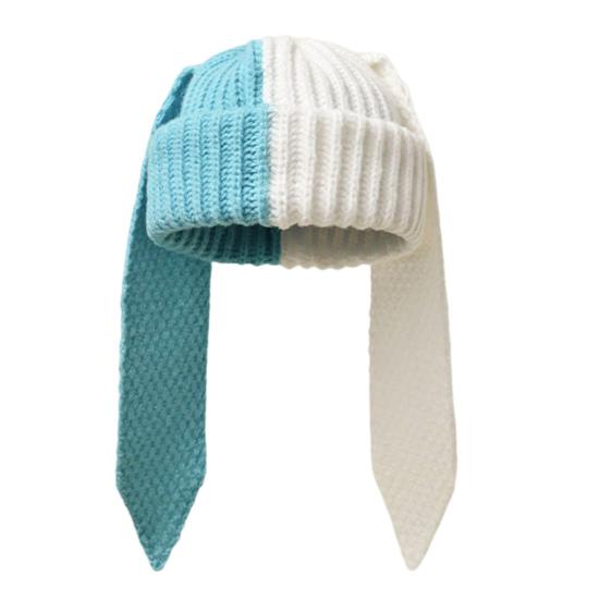 Зимняя вязаная шапка с длинными заячьими ушками, контрастного цвета, унисекс, плотная, теплая, высокоэластичная, ветрозащитная