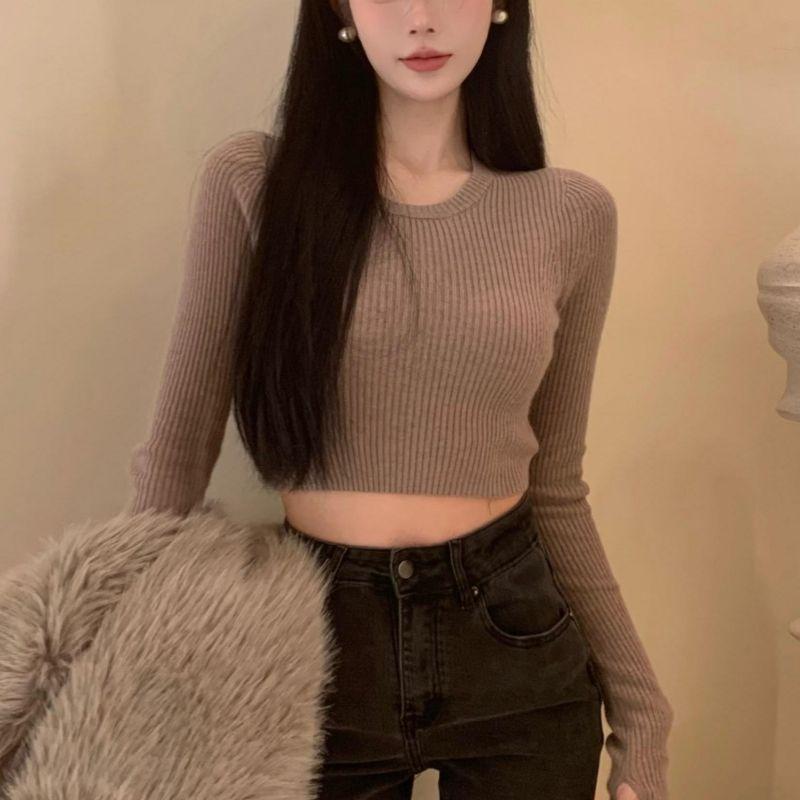 Женский базовый свитер повседневный круглый вырез женский вязаный свитер тонкий однотонный короткий топ женская одежда
