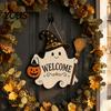Wooden Welcome Sign Halloween Ghost for Front Door, Rustic Cartoon Hanging Entryway Wall Plaque with Pumpkin Wizard Hat And Broom Holiday Party
