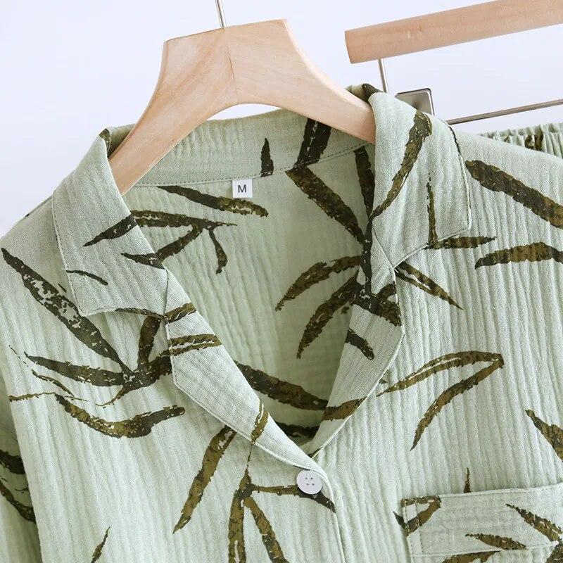 2025 Японский новый женский пижамный комплект весна/лето 100% хлопок креп тонкий зеленый Home Fury брюки с длинными рукавами комплект из двух предметов