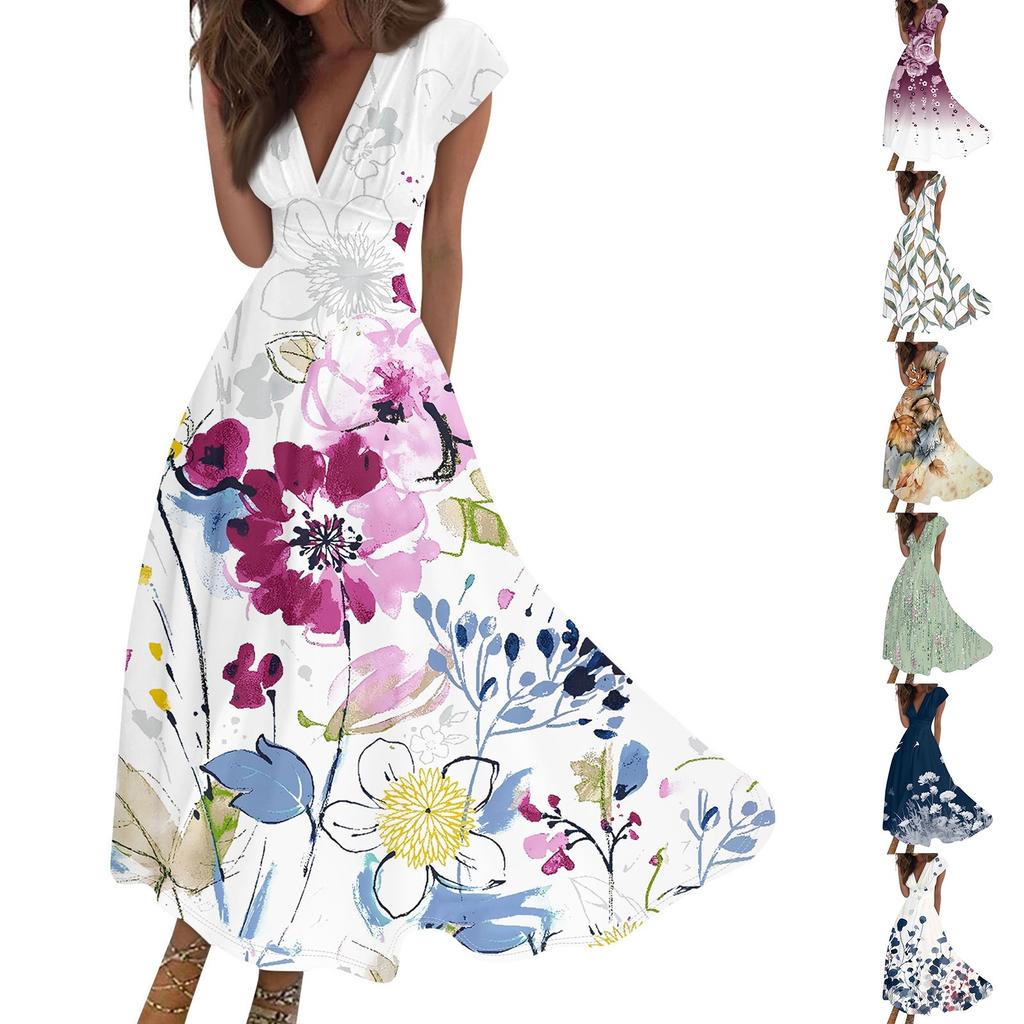 Женские модные повседневные плиссированные платья с v-образным вырезом и рюшами и коротким рукавом с цветочным принтом и шнуровкой