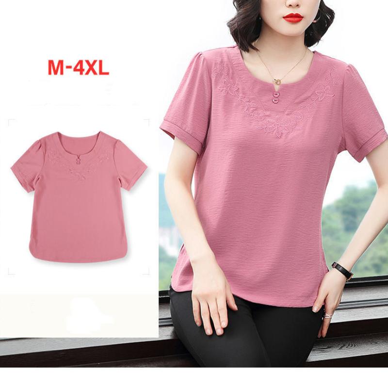 Шифоновая рубашка с короткими рукавами, новая летняя свободная футболка для матери среднего возраста, женский топ с круглым воротником