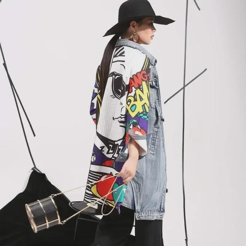 2025 Женская джинсовая ветровка с абстрактным узором - Креативное сращивание, свободная стираная куртка