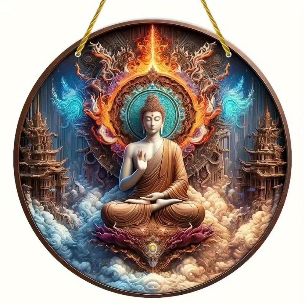 1pc 2d Flat Buddha Art Sign - Round Wooden Sign - 20cm Suitable for Home Living Room, Restaurant, Office, Garage, Bar, Coffee Shop Decoration, Gift