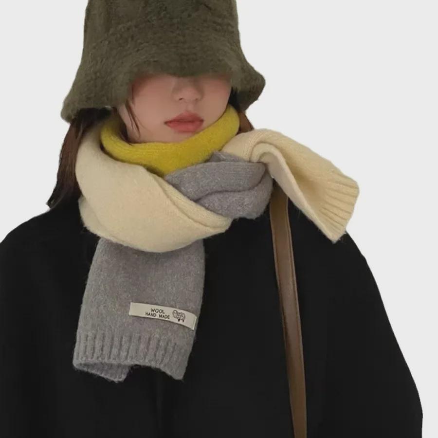 Three-Color Contrast Wool Scarf: Unisex Warm Knitted Winter Shawl & Neckband