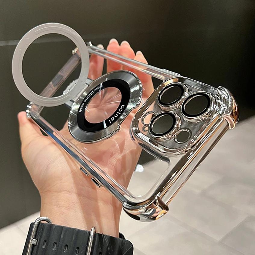 Plating Shockproof Magnetic Bracket For Magsafe Clear Case For For Iphone 17 16 15 14 13 12 Pro Max With Holder Stand Cover