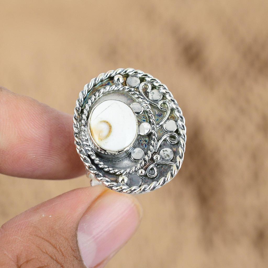 Shiva Eye Shell Stone Handmade Statement Promise Ring Jewelry Sterling Silver