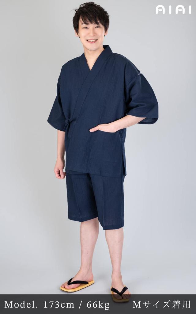 Washable Jinbei Made In Linen Dark [AiAi] Cool-looking, Cotton-linen (wool-dyed Kimono) Japan, 75% Cotton, 25% (M, Navy)