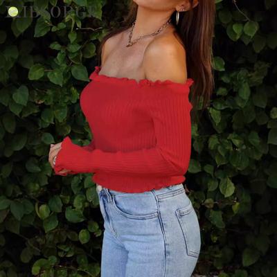 Женский осенне-зимний топ с деревянными ушками сбоку на одно плечо с длинным рукавом и высокой талией