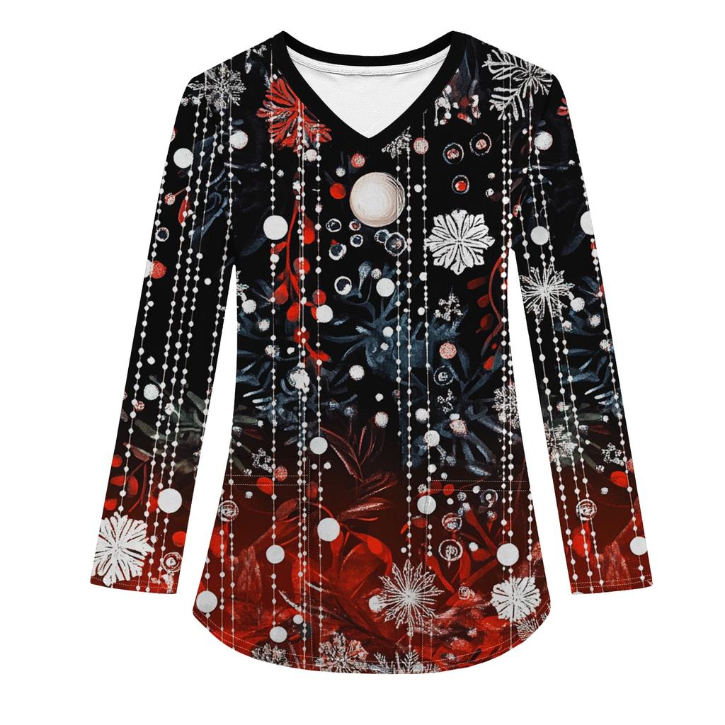 Женская модная рабочая одежда с V-образным вырезом, длинным рукавом и карманом, рождественский принт, футболка, топ