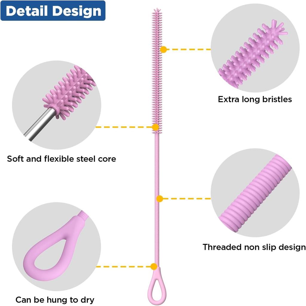YOTIME Silicone Straw Cleaner Brush, 2Pcs Reble Straw Brush Extra Long for Cleaning Tumbler with Handle and Glass Metal Smoothie Straws, Non-slip