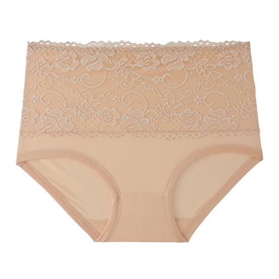 Women Briefs High Elasticity Breathable Soft Panties High Waist Solid Color Embroidery Lace Splicing Plus Size Underwear