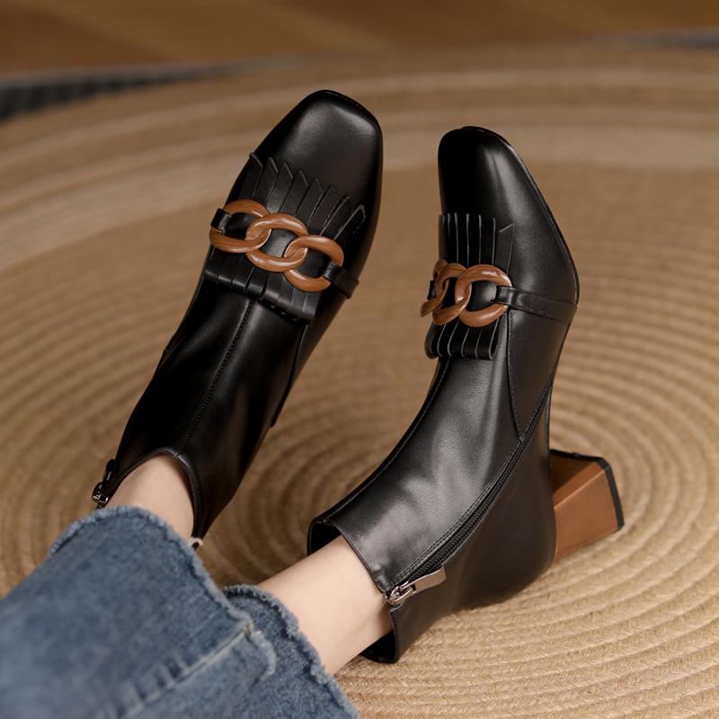 Мода 2025 Новая Женская Обувь Бахрома Женские Ботинки Зимние Ботильоны Zapatos De Mujer Женские Ботинки Квадратный Носок Натуральная Кожа Черные Ботинки