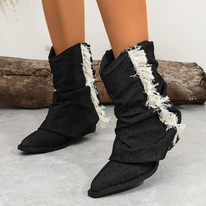 Модные ковбойские женские полусапоги челси на массивной подошве с острым носком, дизайнерские модные туфли для ходьбы 2024, зимние готические ботинки, женские туфли для платья, zapatos