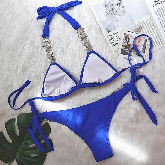 2 шт./компл., бикини со стразами, металлическая цепочка, чистый цвет, сексуальные регулируемые купальники для плавания