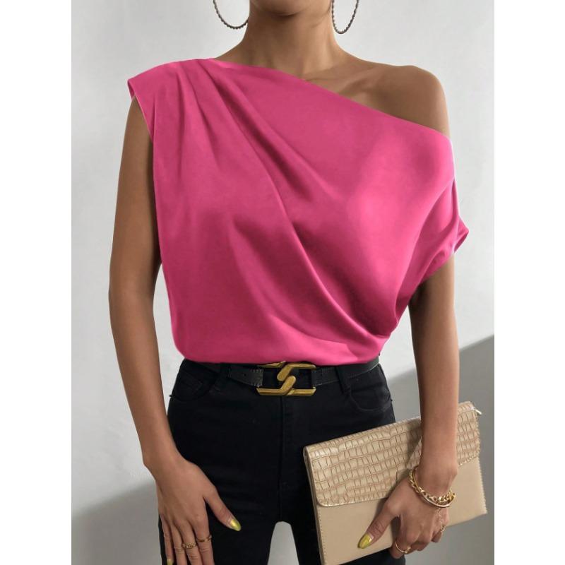 Весенняя однотонная атласная рубашка без рукавов с неровным косым плечом для женщин