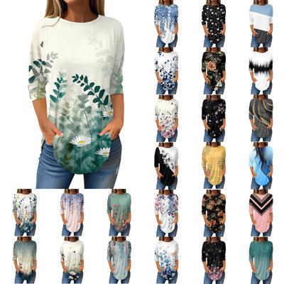 Женская свободная футболка с круглым вырезом и рукавом 3/4, верхний пуловер