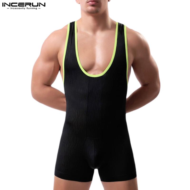 INCERUN Men Sleeveless Patchwork Lace See Through Mesh Playsuit Jumpsuits